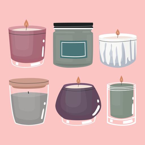 Candle containers include glass jars and cups, metal tins, ceramic vessels, concrete holders...