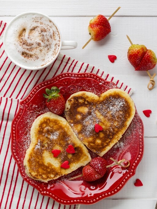 Galentine’s Day Brunch with heart-shaped pancakes