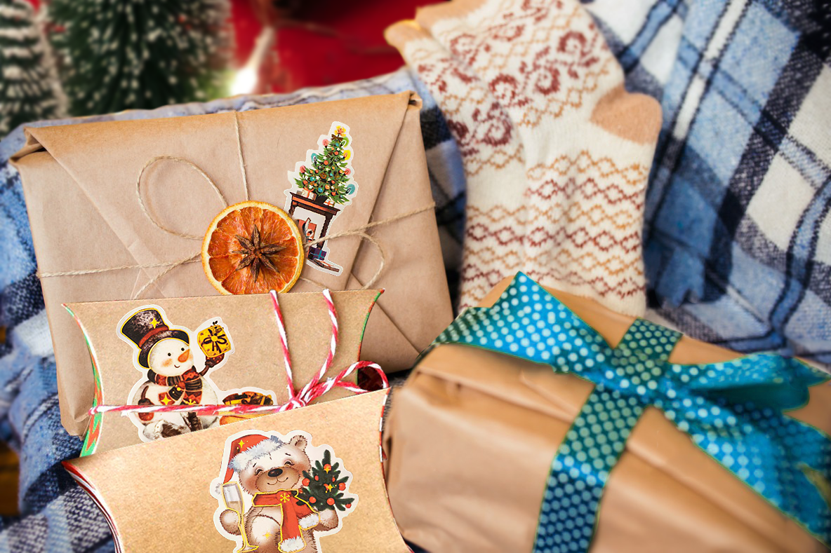 Holiday stickers are designed to be applied directly to wrapped gifts