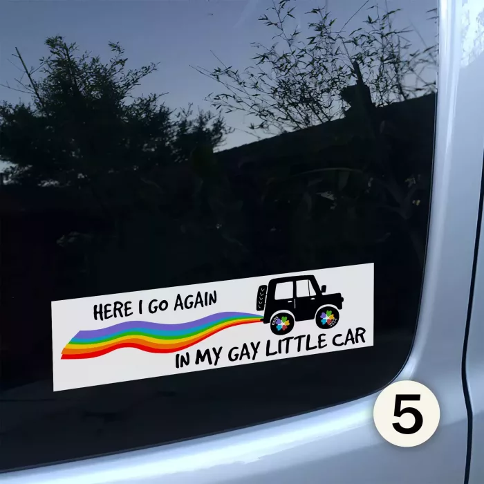 Here I Go Again in My Gay Little Car Funny Bumper Stickers 5