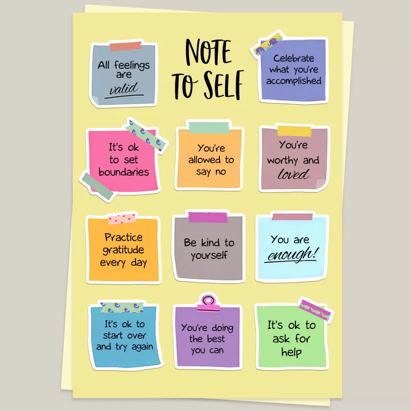 One of our sticker sheet with inspirational and self-care sayings