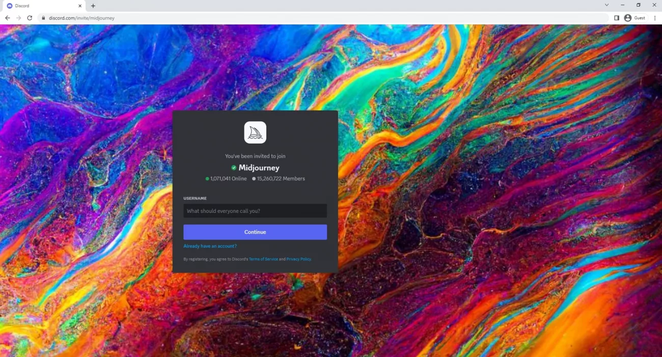 Join MidJourney server via Discord