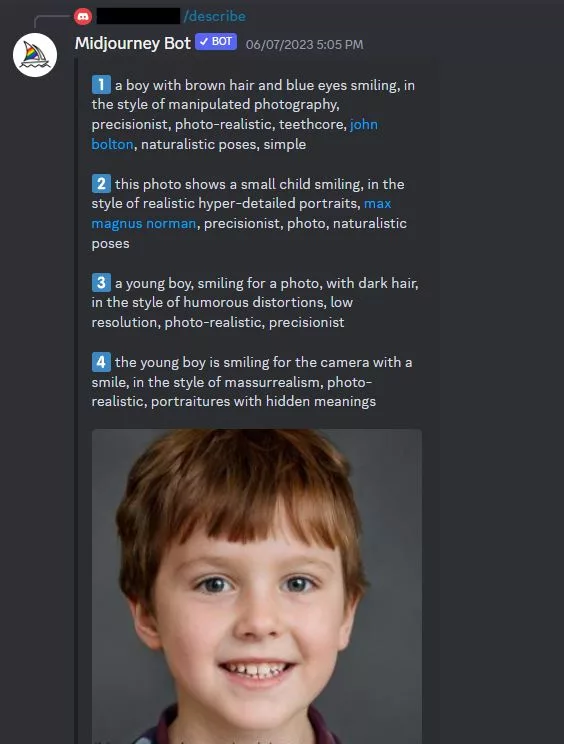 When you use the command describe on MidJourney and then upload a picture, it will offer a description of the image