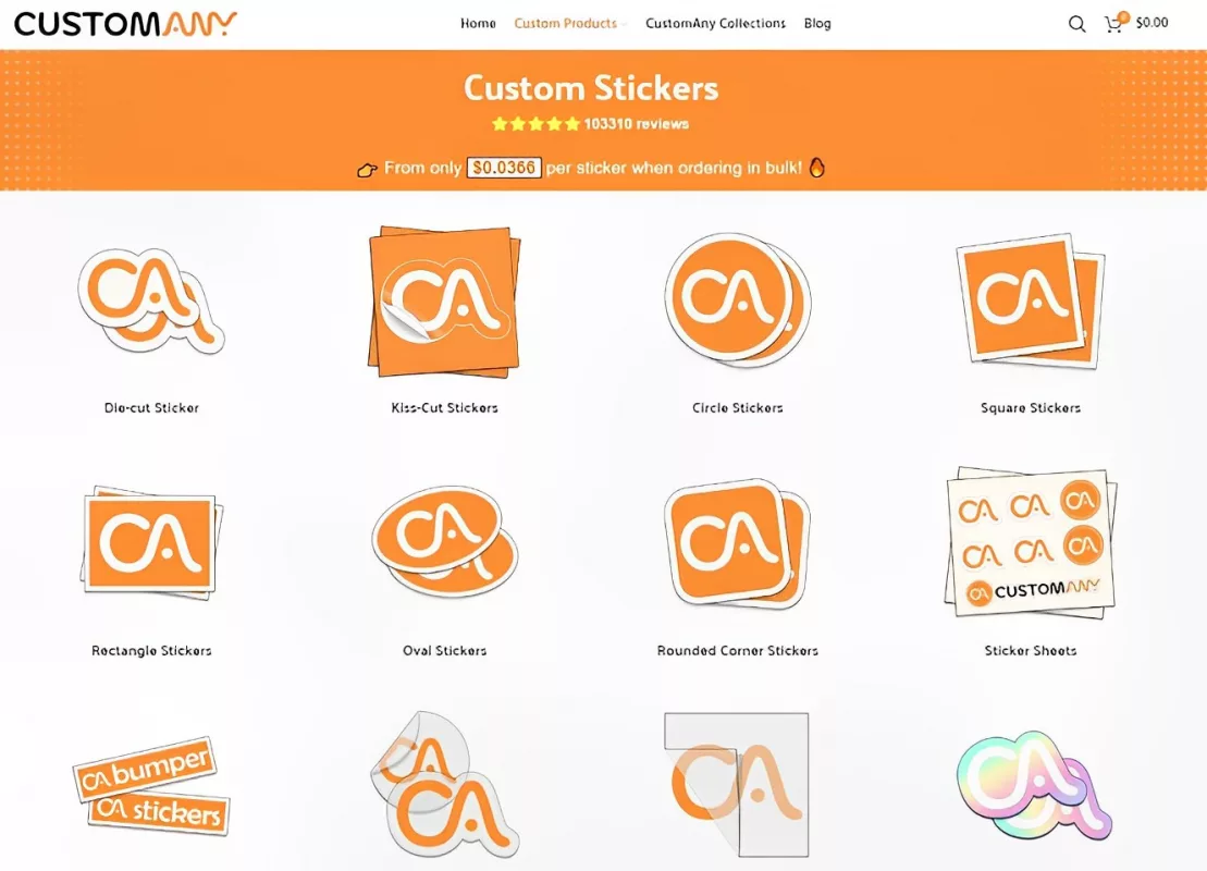 At CustomAny, the price drastically decreases to $0.0366 per sticker if you buy in bulk