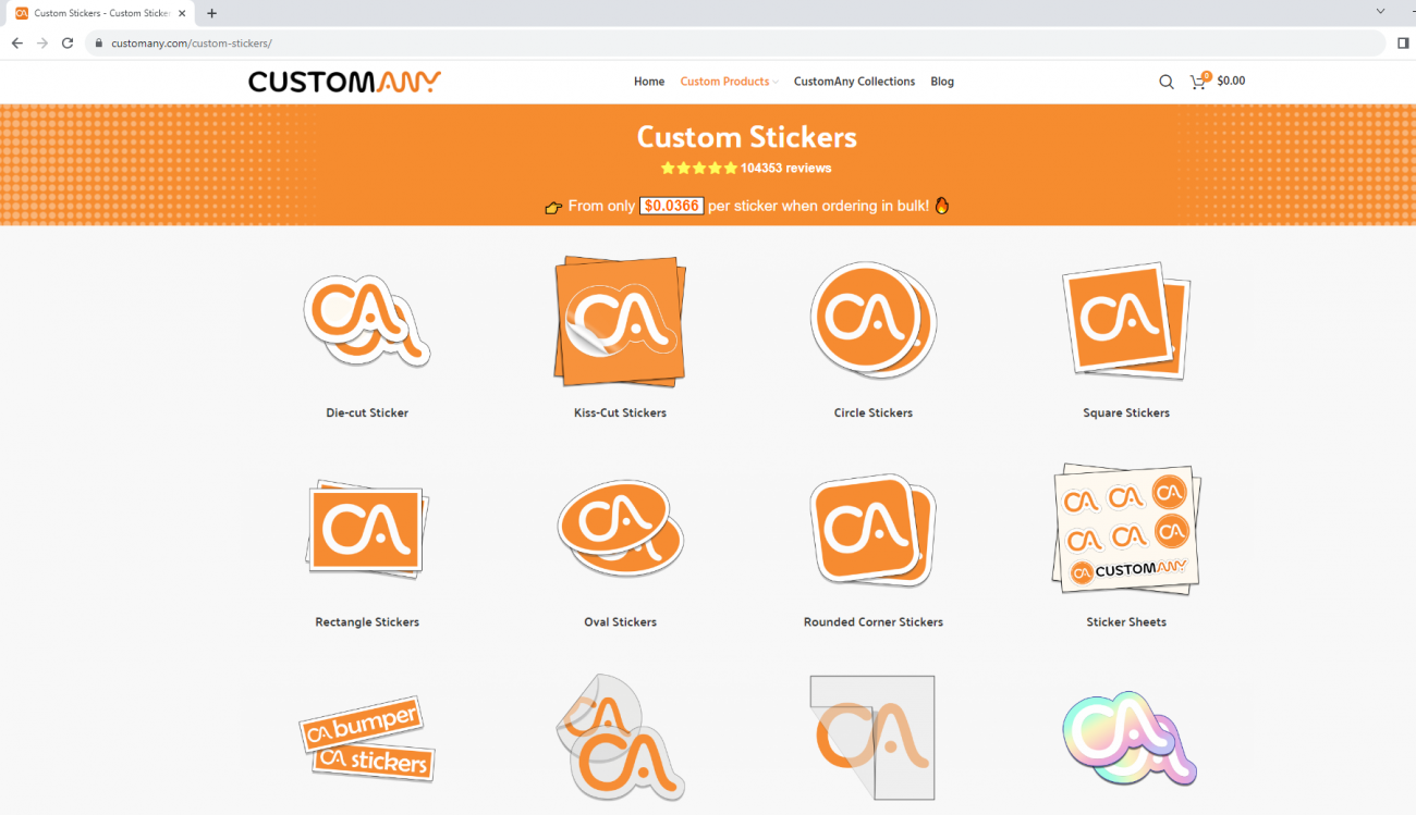CustomAny offers over 12 different types of custom stickers