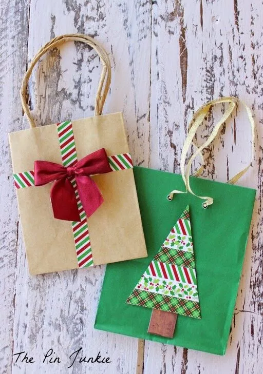 Use washi tape to add colors, patterns and designs to your Christmas gift bags