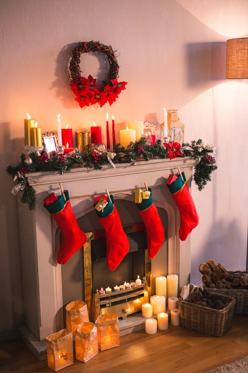 Stockings advent calendar by the fireplace