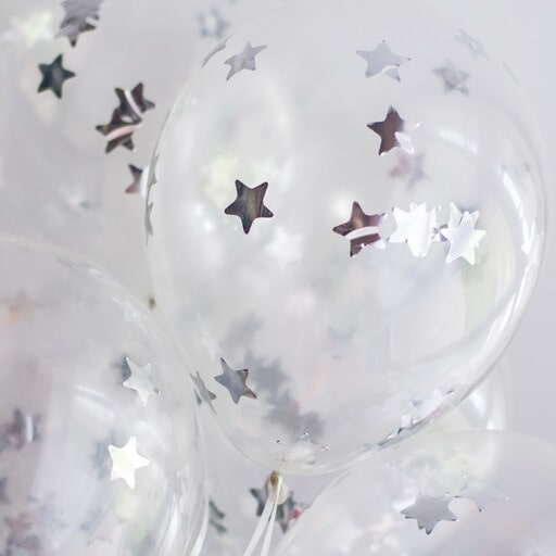 Clear balloons filled with silver glitter or adorned with clear stickers are ideal for all white party