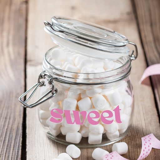 Marshmallow jar labeled with transfer stickers