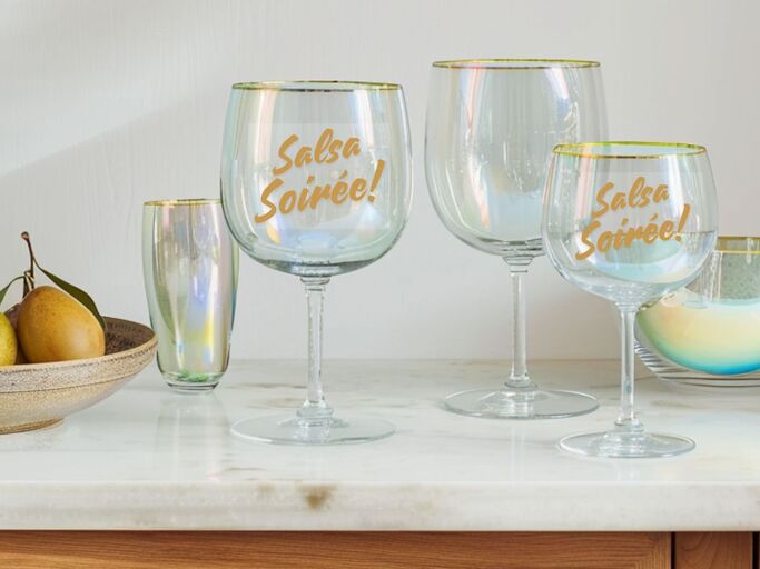 Mexican glassware labeled with metallic gold clear stickers