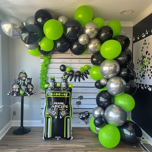 Mix black and green balloons to create Arcade party arch