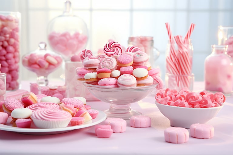 Fill jars and bowls with pink-themed candies and cakes