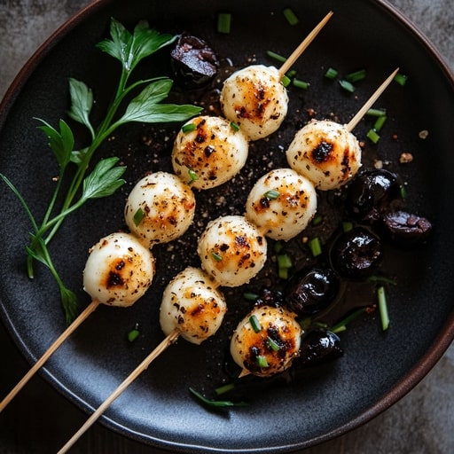 Skewering mozzarella balls, black olives