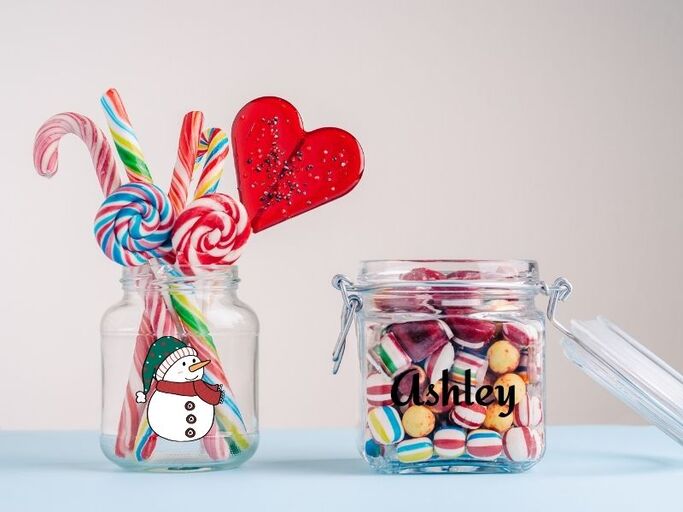 Mini jars of candy customized with UV DTF transfer stickers