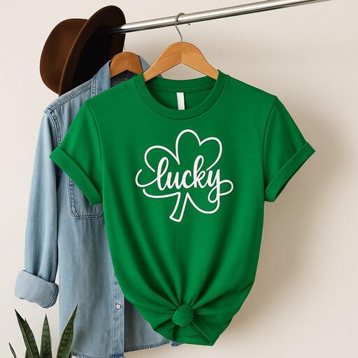 Large shamrock with “LUCKY” overlay