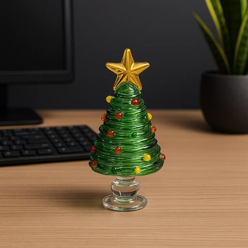 Mini decorative Christmas tree shaped from molten glass fiber