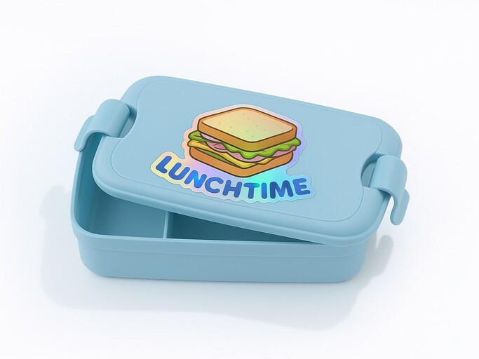 Personalized lunch box with custom holographic stickers
